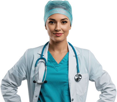 Confident female doctor wearing surgical cap and stethoscope looking at the camera png