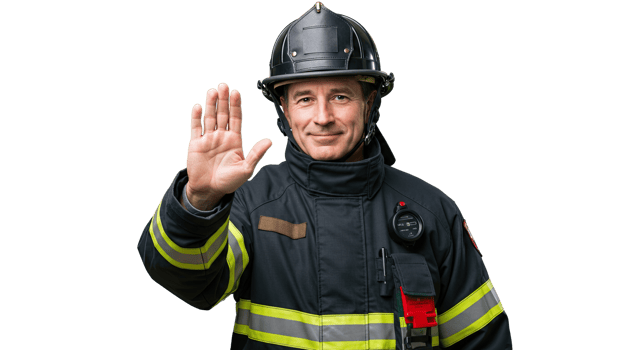 Firefighter in protective gear with hand raised gesturing a stop or greeting png