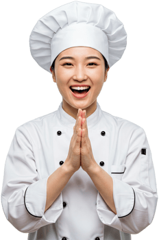 Happy Asian female chef in white uniform holding hands together and smiling broadly png