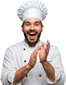 Happy male chef clapping his hands, wearing a toque and chef's uniform, laughing. png