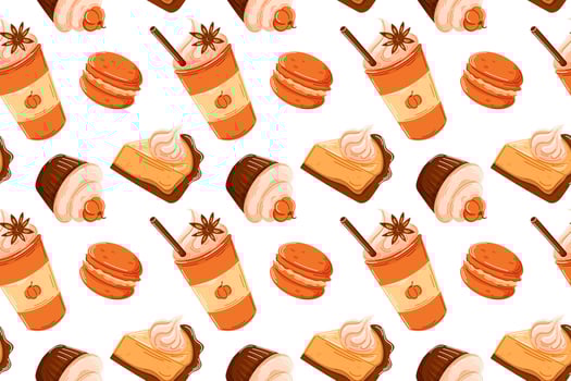 Seamless pattern with various pumpkin treats pie slice, cupcake and pumpkin spice coffee in cartoon style. Design for autumn or Thanksgiving, package, background and kitchen wallpaper design. vector