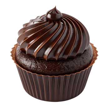 Cupcake topped with glossy dark chocolate ganache, rich texture and smooth dome shape, chocolate cupcake base png