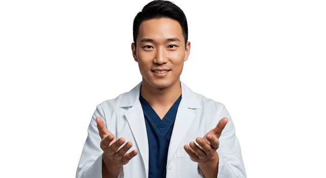 Portrait of a friendly Asian doctor in a white coat with open arms, smiling warmly. png