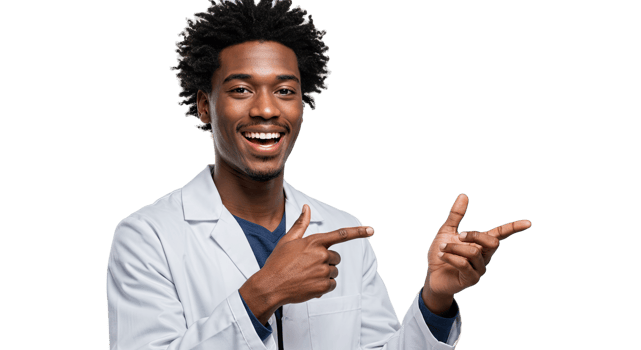 Smiling African American man in lab coat pointing towards the right side of the frame png