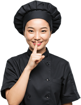 Smiling Asian chef wearing a black uniform and chef's hat gesturing silence png