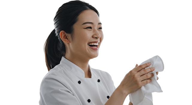 Smiling Asian female chef holding a white cloth, looking to the side, professional attire png