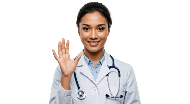 Smiling female doctor waving hand in a white coat, looking at the camera png