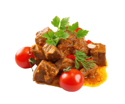 Savory cooked meat with cherry tomatoes and fresh herbs on a plate png