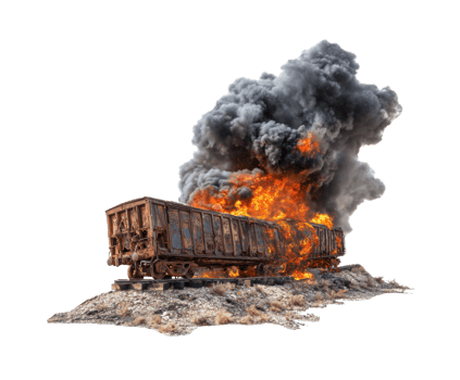 Burning train car in a desert landscape with thick smoke png