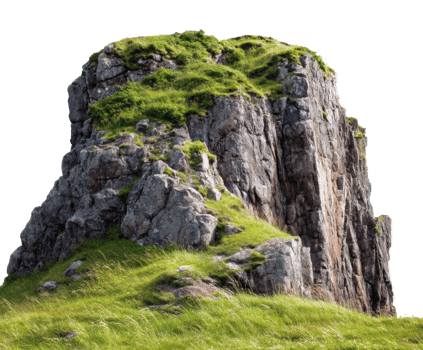 Majestic rock formation surrounded by lush greenery in daylight png