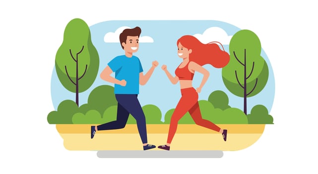 Man and Woman Jogging Outdoors in Park with Trees and Blue Sky Fitness Lifestyle Activity vector