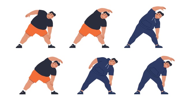 Overweight man stretching exercises in sportswear for fitness and health improvement illustration vector