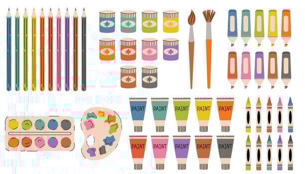 Cartoon flat style collection of colorful art supplies including pencils, markers, crayons, and watercolor paints in ten vivid color variations. Fun and creative set perfect for school themes. vector