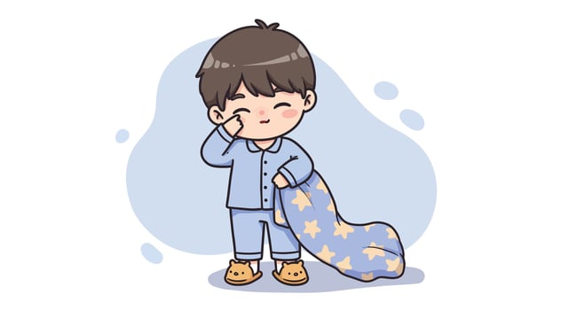 Young boy in blue pajamas holding a star patterned blanket sleepy expression bedtime illustration vector