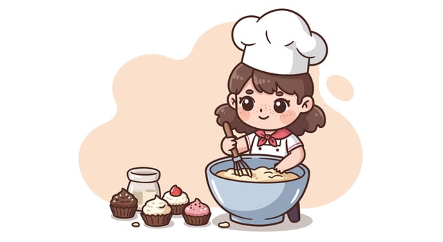 Cute girl chef cooking and mixing dough with cupcakes and ingredients in kitchen illustration vector