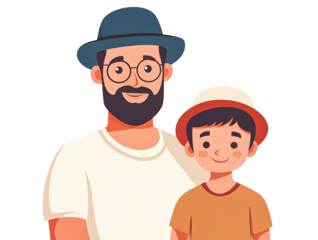 Father and son bonding in playful cartoon style with hats png