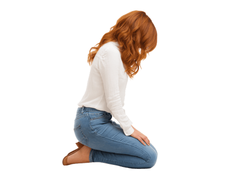 Woman in casual attire kneeling on the floor with head down png