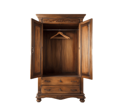 Elegant wooden wardrobe with open doors showcasing minimalist design png