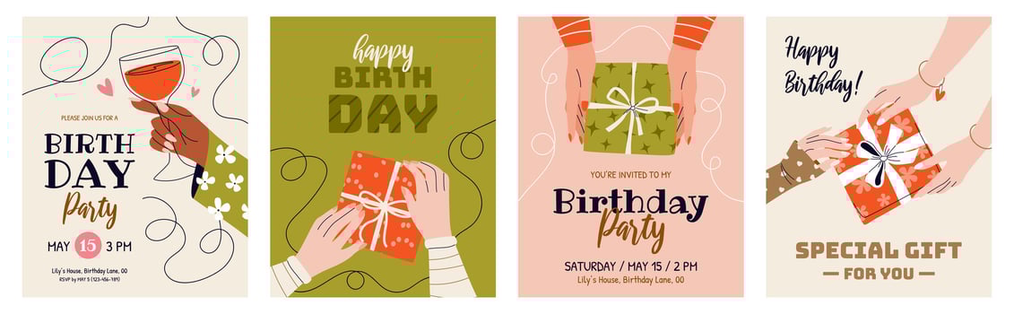 Set of vertical birthday greeting cards and party invitations. Festive postcards for celebrating an anniversary with text and wishes. Female hands holding gift boxes with bows and glass of wine. vector