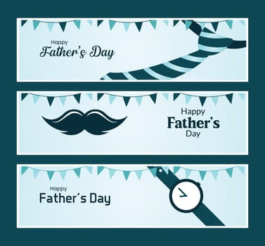 Father's Day Celebration Banner Set, Includes Mustache, Tie, Watch Elements Designs for Posters, Cards, Social Media vector