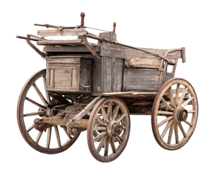 Rustic wooden cart with large wheels for transport and decoration png