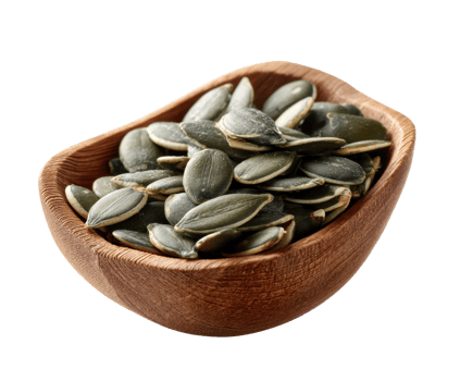 Healthy pumpkin seeds displayed in a wooden bowl for snacking png