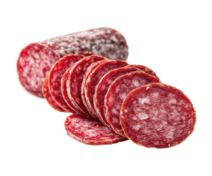 Sliced cured meat on a wooden board for gourmet platter png