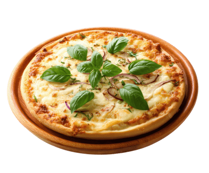 Cheese pizza topped with fresh basil for a tasty treat png