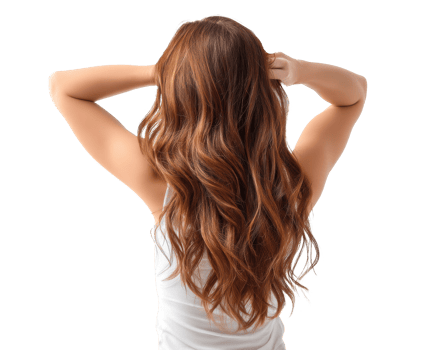 Long wavy hair with natural highlights showing back view of a woman png