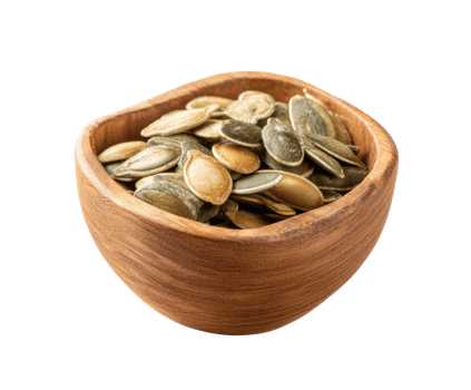 Healthy pumpkin seeds in a wooden bowl for nutritious snacking png