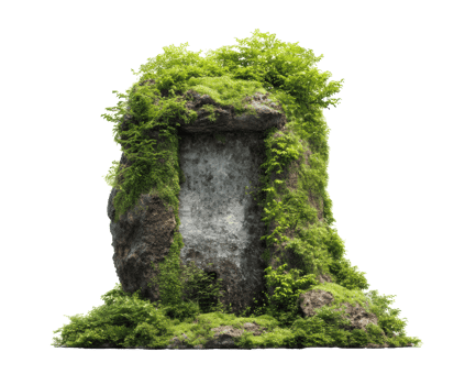 Moss-covered stone with lush greenery in natural outdoor setting png