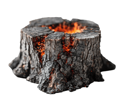 Burning wood stump with glowing embers for creative projects png