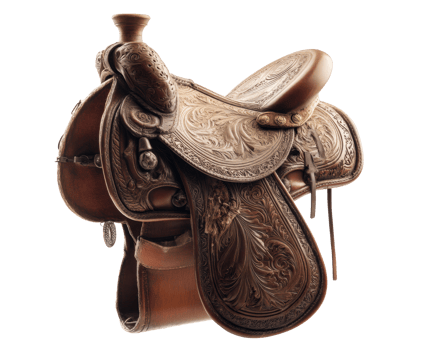 Handmade leather saddle with intricate floral designs png