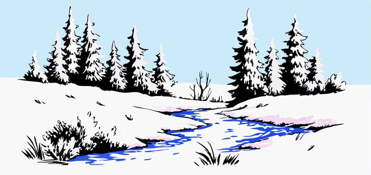 Winter Stream Landscape Snowy Forest River Scene Illustration vector