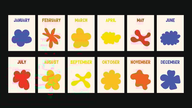 botanical calendar design in retro modern style, hand drawn floral art, naive wavy elements, abstract Matisse influence, perfect for printable planning and decoration. vector