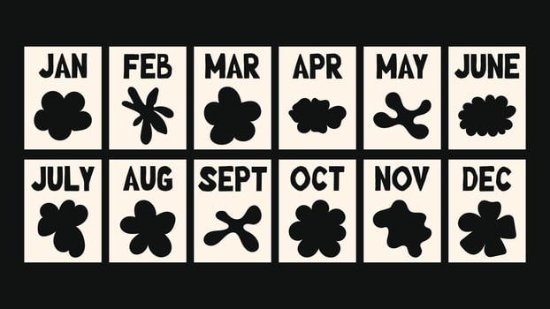 Vintage-style floral calendar in simple naive art style, expressive botanical composition, modern art-inspired decoration, perfect for seasonal planners and artistic wall prints. vector