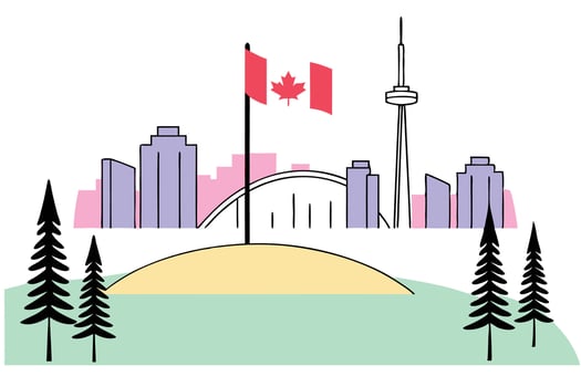 Toronto skyline design with national flag peaceful lake and pine forest ideal for Canada-themed digital posters and landscape travel marketing materials vector