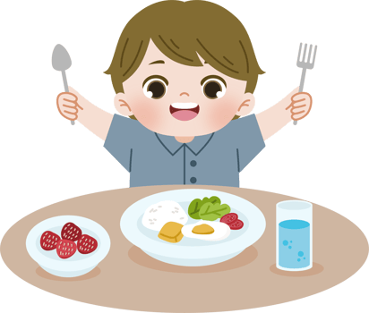boy raise hands holding utensils ready to eat png
