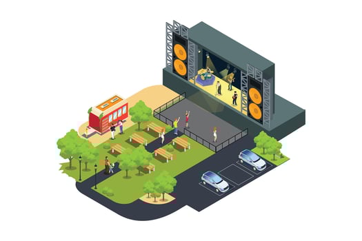 Illustration of concert musicians in a park with food tents, camping ground and large parking area. Isometric icon on white isolated background. vector
