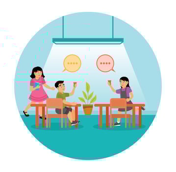 Children Spend Time Together During School Break Talking, and Sharing Drinks in the Canteen. vector