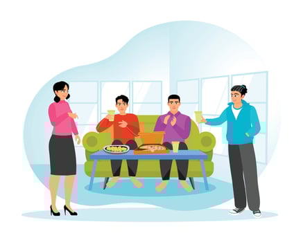 Friends spend time together, Talking, Enjoying Meal, Drink and Pizza at Home. vector