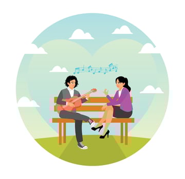 Young Couple Enjoying Playing Guitar on a Park Bench in a Serene Outdoor Setting. vector