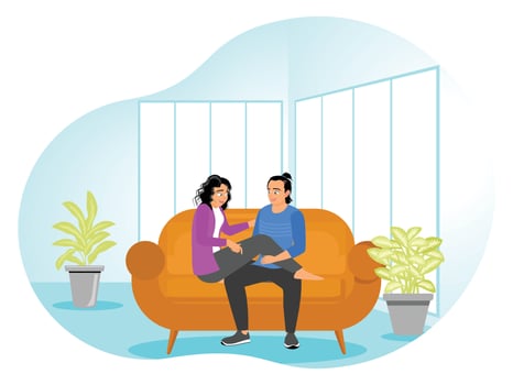 Happy Love Couple Relaxing and Laughing Together, Sitting on Sofa at Home. vector