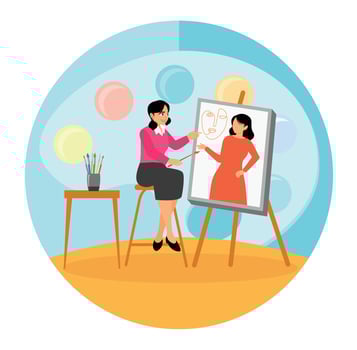 Woman Artist Sitting at the Easel and Painting. vector