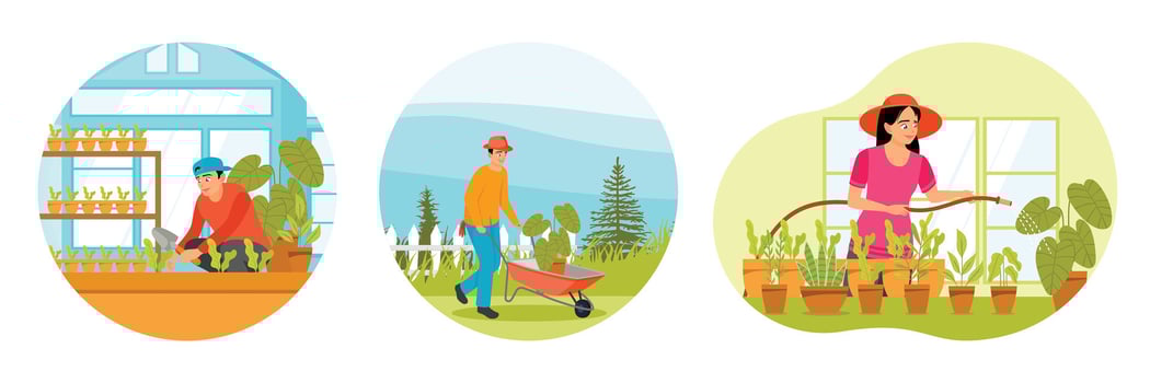 Man Growing Plants or Vegetables. Moving Plants in a Wheelbarrow. Woman Watering Potted Plants. vector