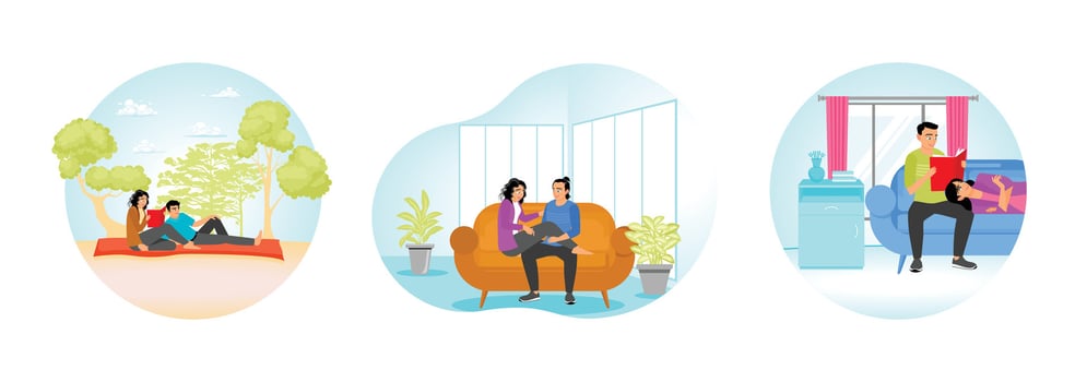 Couple Relaxing on a Picnic Mat. Sitting on Sofa at Home. His Girlfriend Lies on His Lap. vector