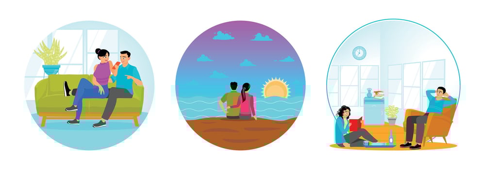 Couple Relaxing Sitting on the Couch. Watching Sunset on the Beach. Relaxing and Reading a Book. vector