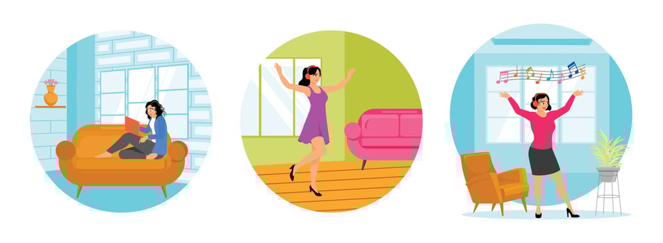 Girl Working on a Laptop at Home. Wearing Headphones Having Fun Dancing. Listening to Good Music. vector
