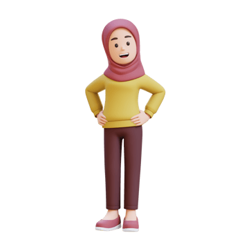 3D muslim girl character with hijab stands with her hand on hip png