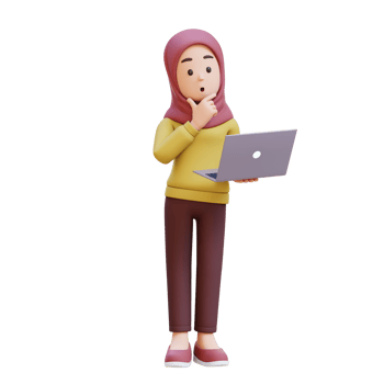 3D muslim girl character with hijab holding a laptop and thinking png